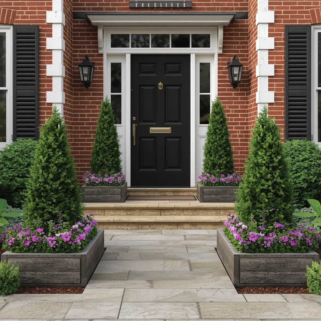 Symmetrical flower beds by front door