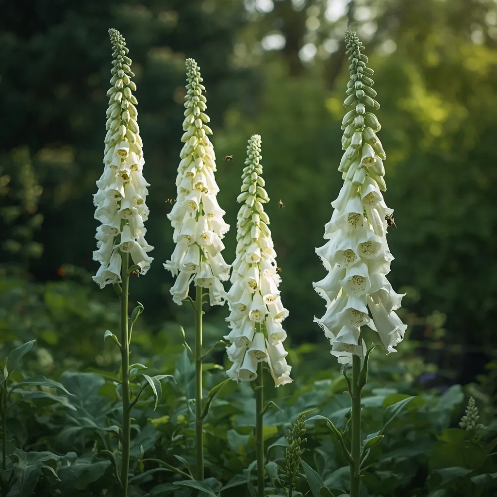 Tall white foxglove spires blooming in a dappled cottage garden border
