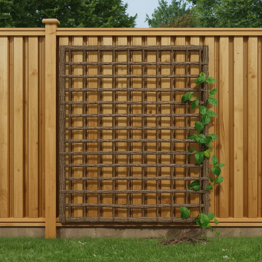 Twig lattice panel on a fence
