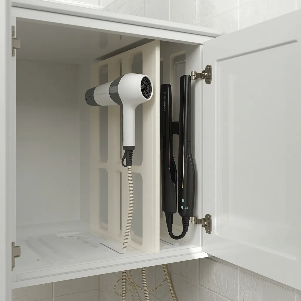Vertical dividers storing hair tools upright in a bathroom cabinet