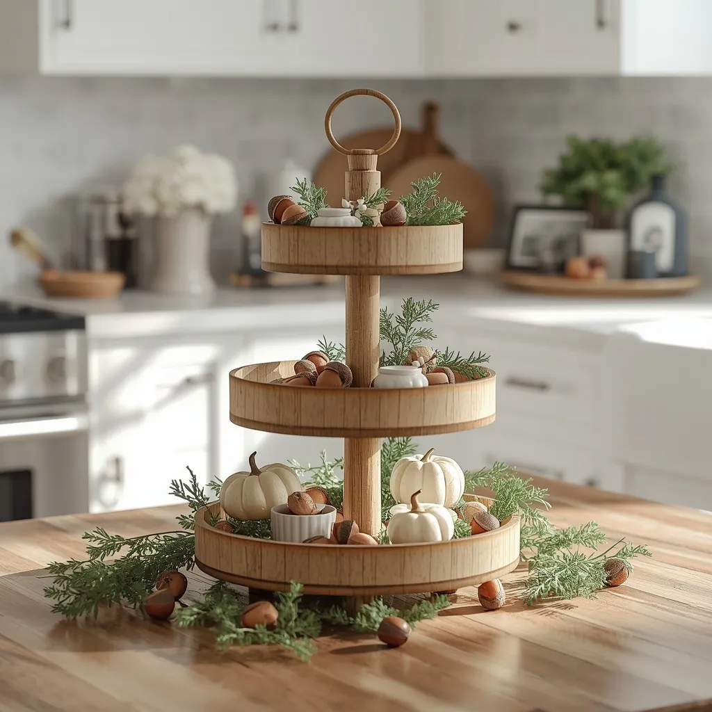 Wooden tiered tray with fall decor