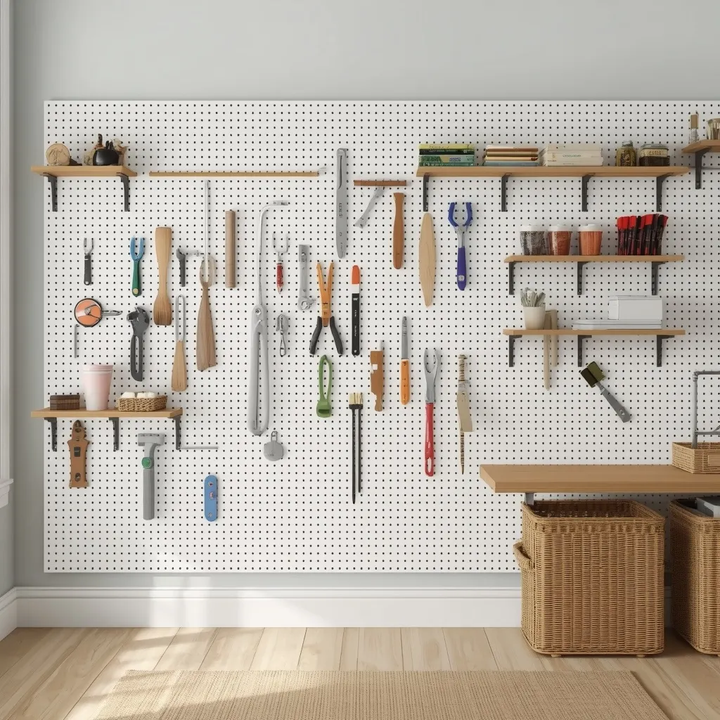 A pegboard wall with hooks and baskets organising tools and craft supplies