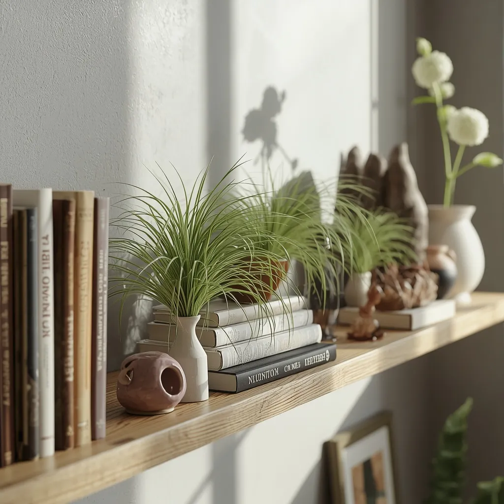 Air plants on a styled floating shelf
