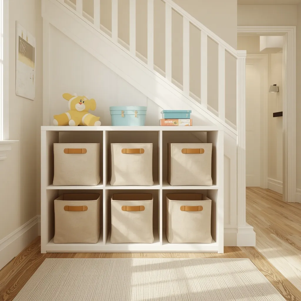 An under-stair cube shelving station with fabric bins organising toys