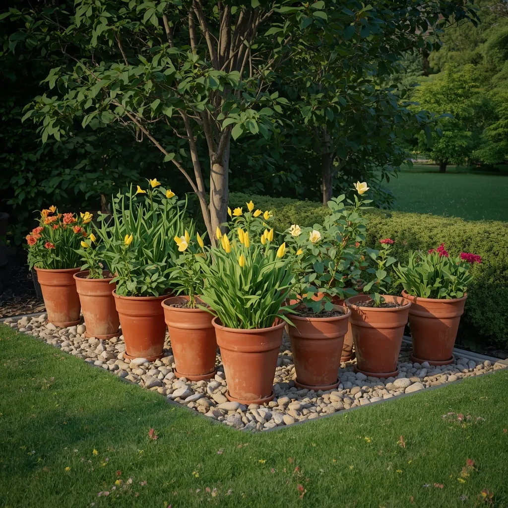 Corner flower bed with pots