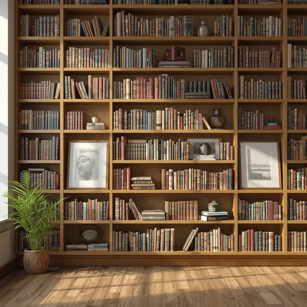 Full wall of floating shelves filled with books forming a home library