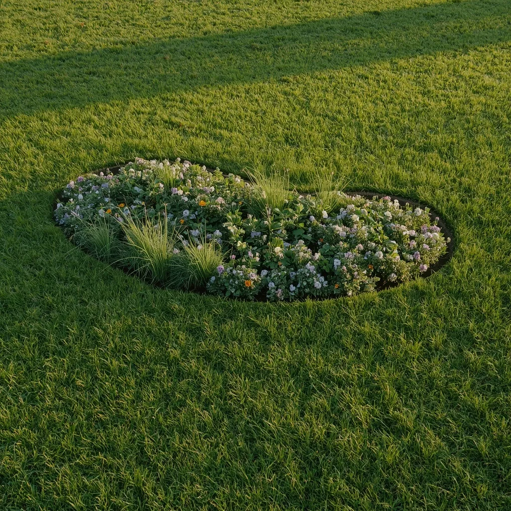Kidney shaped flower bed in lawn