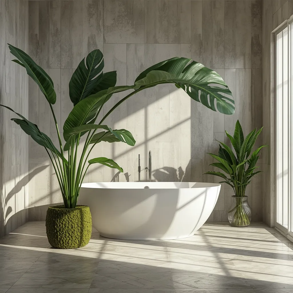 Monstera beside freestanding bath