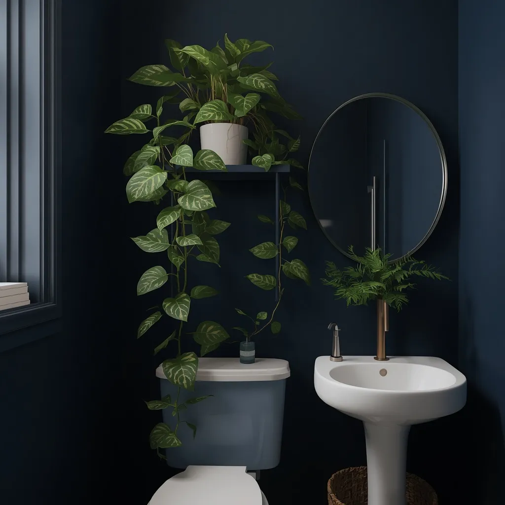 Navy powder room with plants