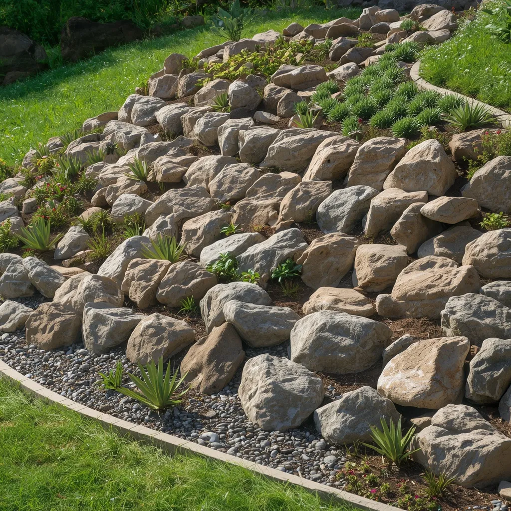 Rock garden flower bed on slope