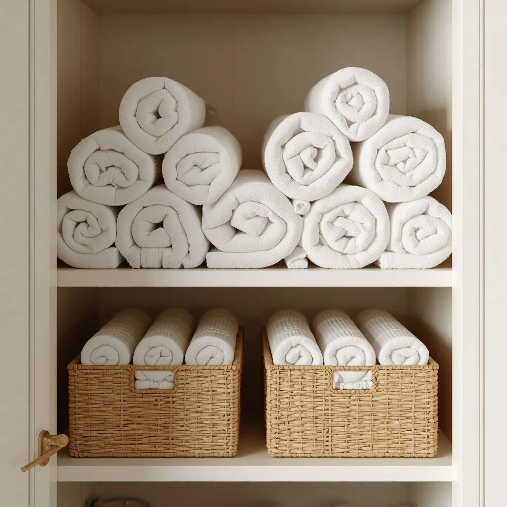 Rolled towels standing in woven baskets in a bathroom linen cabinet
