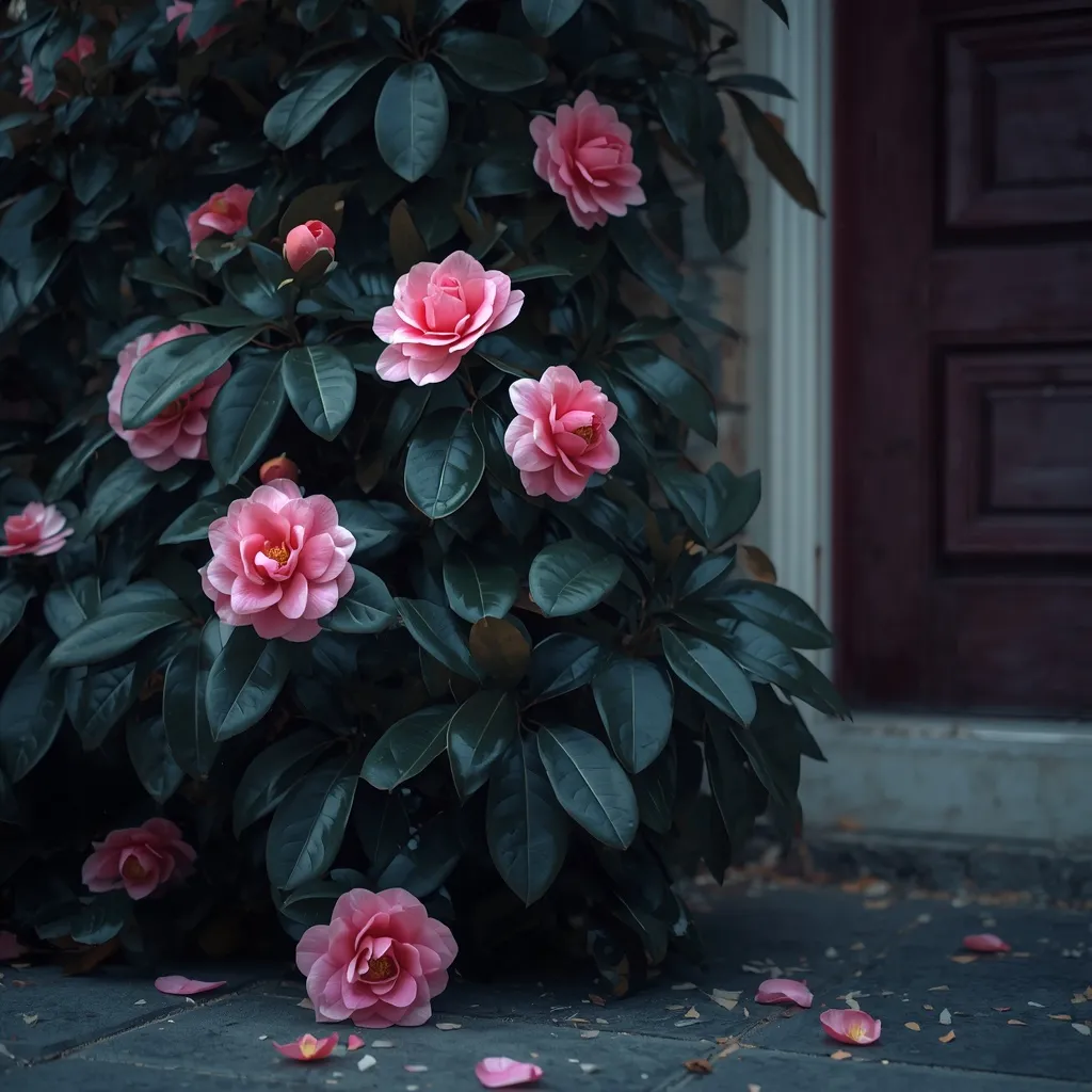 Rose-pink camellia flowers against glossy evergreen leaves by a doorway
