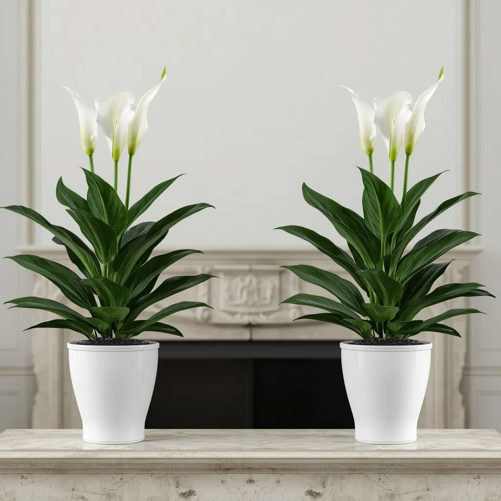 Symmetrical pair of peace lilies on a mantel