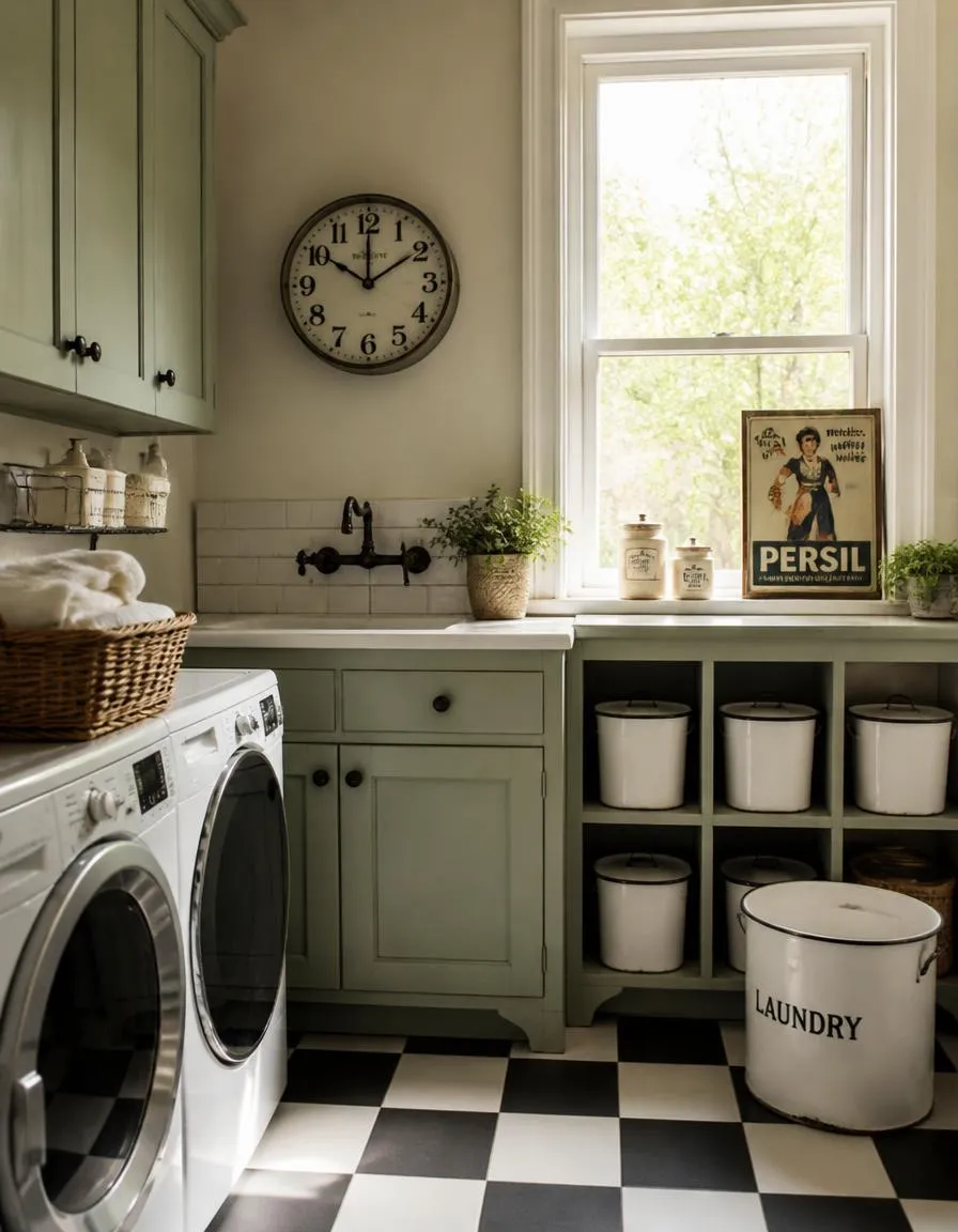 Vintage sage green laundry room