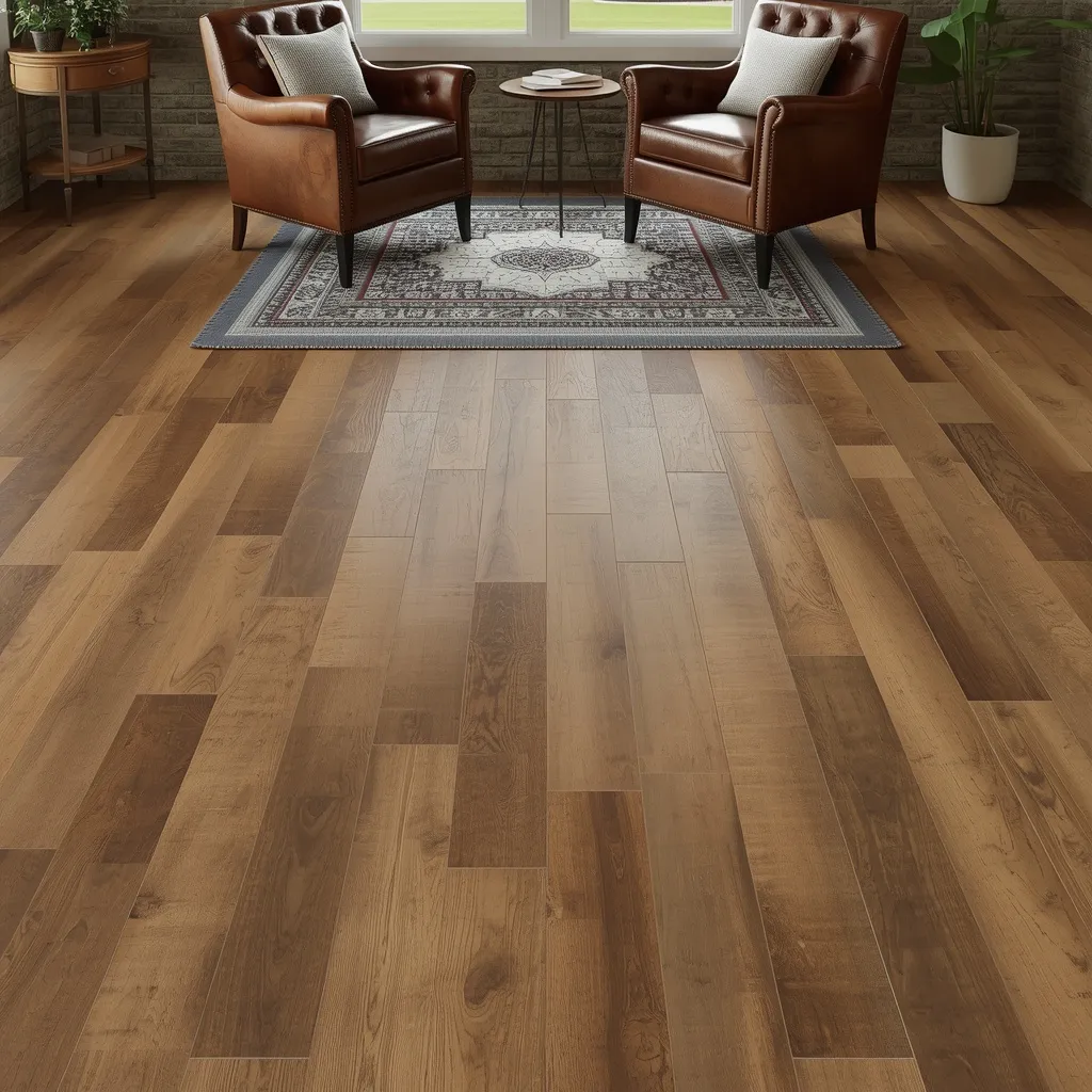 Warm wood-look plank flooring grounding a rustic garage lounge