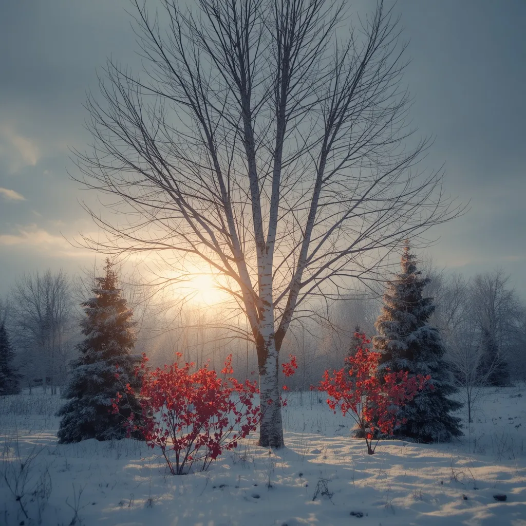 White birch trunk with red-stemmed dogwood at its base in a winter garden