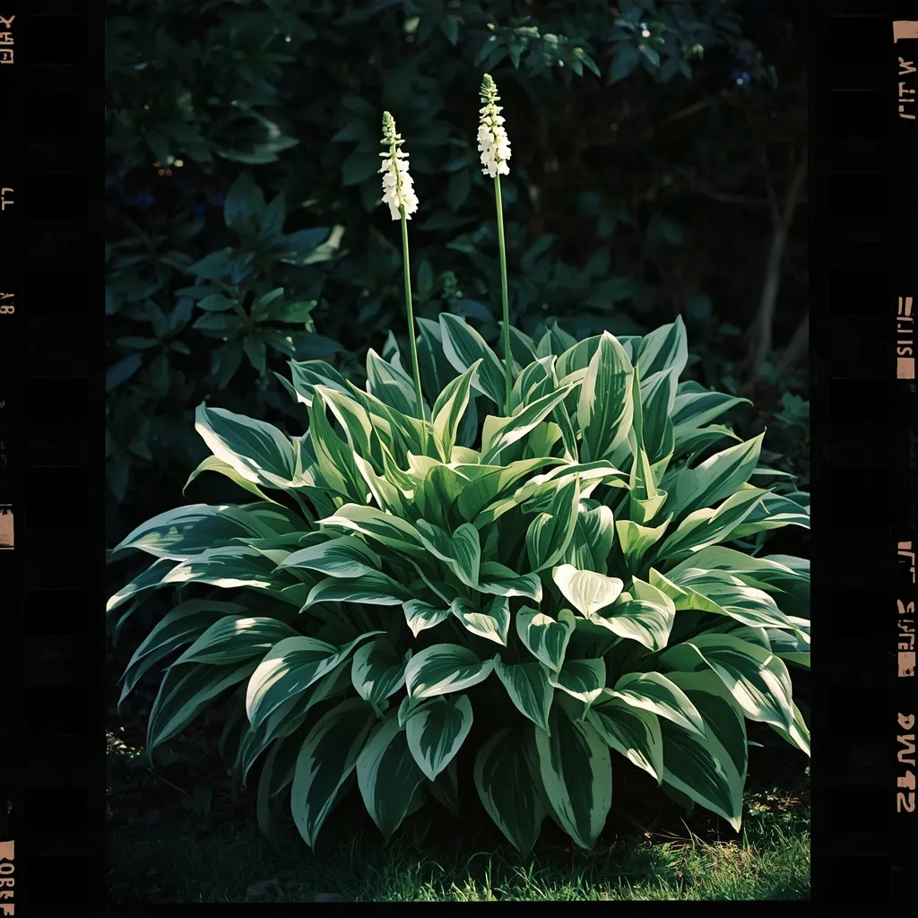 White-variegated hostas brightening a shady garden corner with pale blooms above