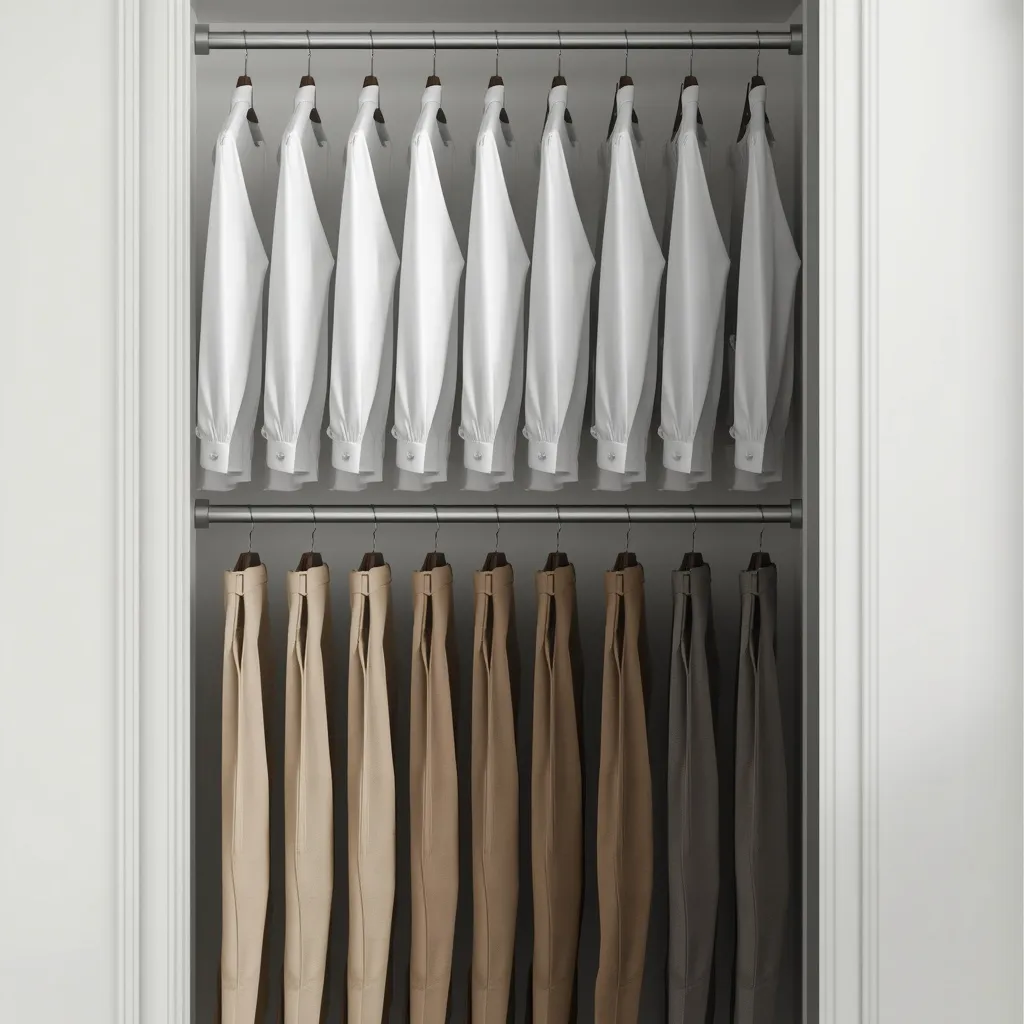 A double-hang closet rod doubling hanging space with shirts and trousers