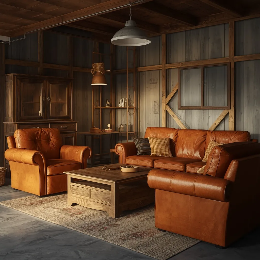 A worn leather sofa and chairs forming a lounge corner in a rustic garage