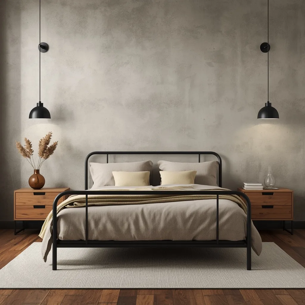 Black metal bed frame rustic room