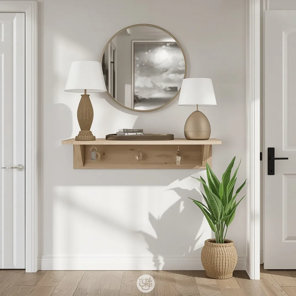Entryway floating shelf drop zone with a key dish, tray, lamp and hooks