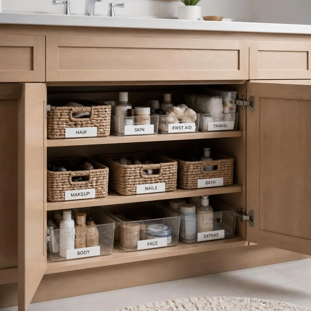 Labelled baskets organizing categories in a bathroom cabinet