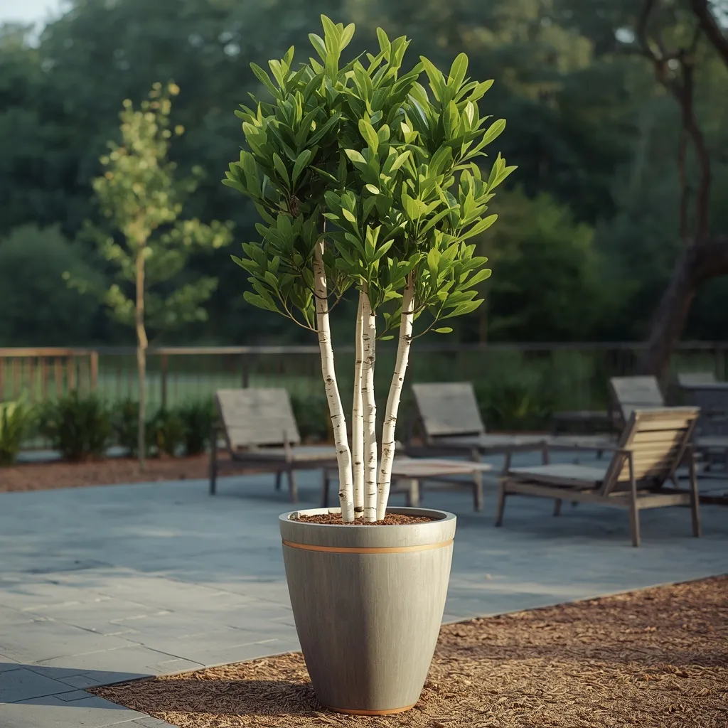 Multi-stem birch tree growing in a large planter on a paved patio