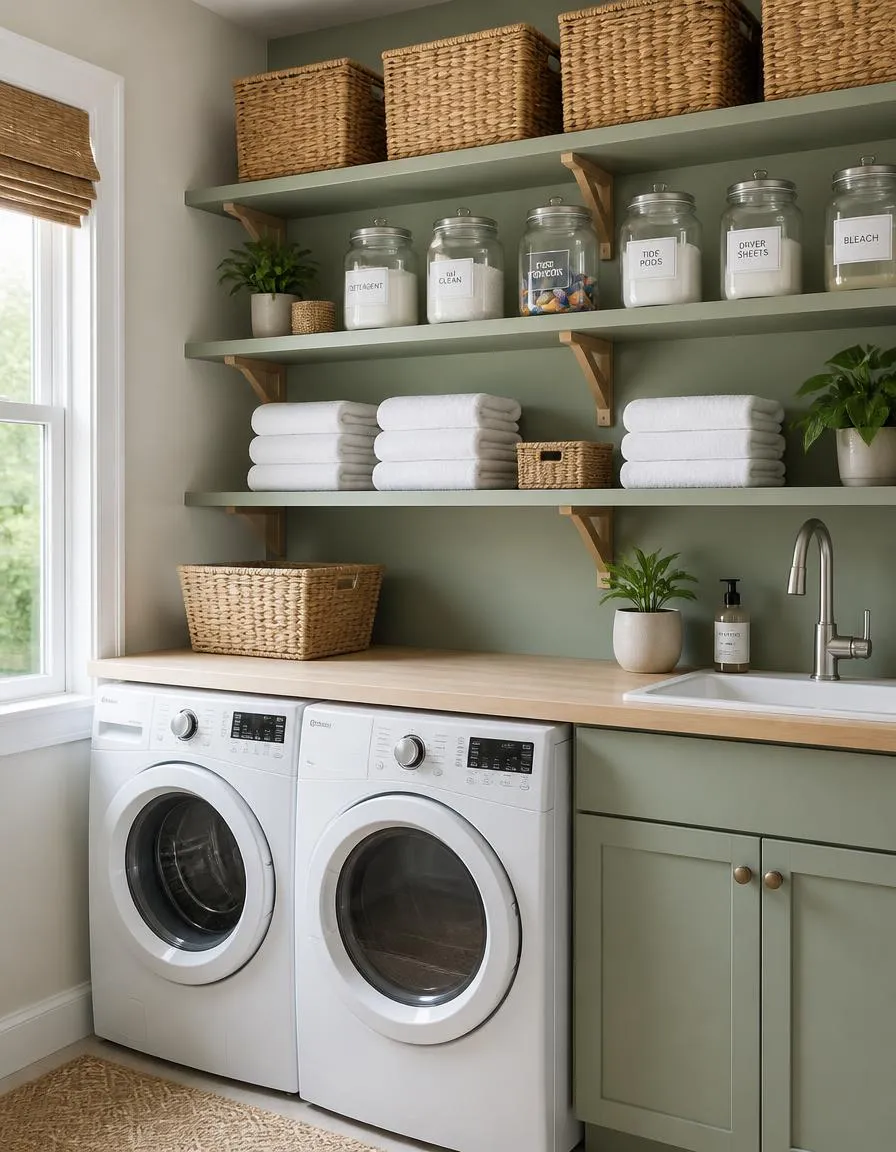 Sage green open shelving laundry room