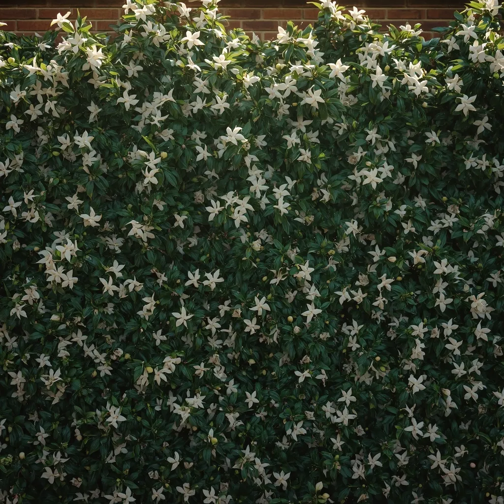 Star jasmine covered in small white flowers climbing a sunlit garden wall