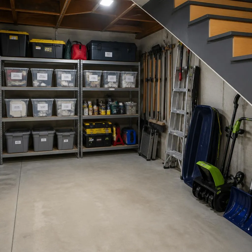 Sturdy under-stair basement shelving with labelled bins and organised tools