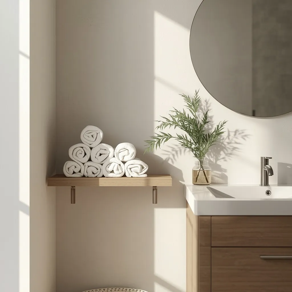 A floating shelf holding towels and jars as overflow storage beside a bathroom vanity