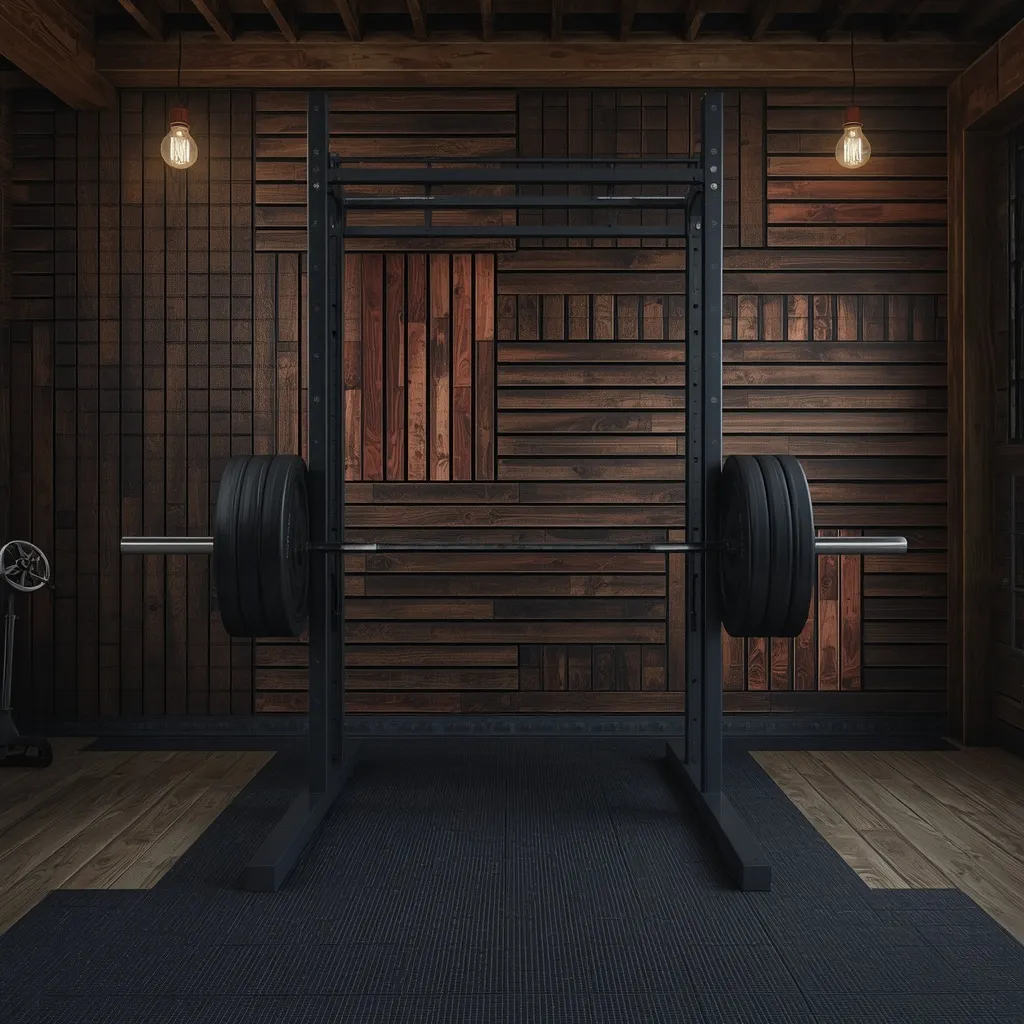 A rustic garage home gym with a rack against a reclaimed-wood wall