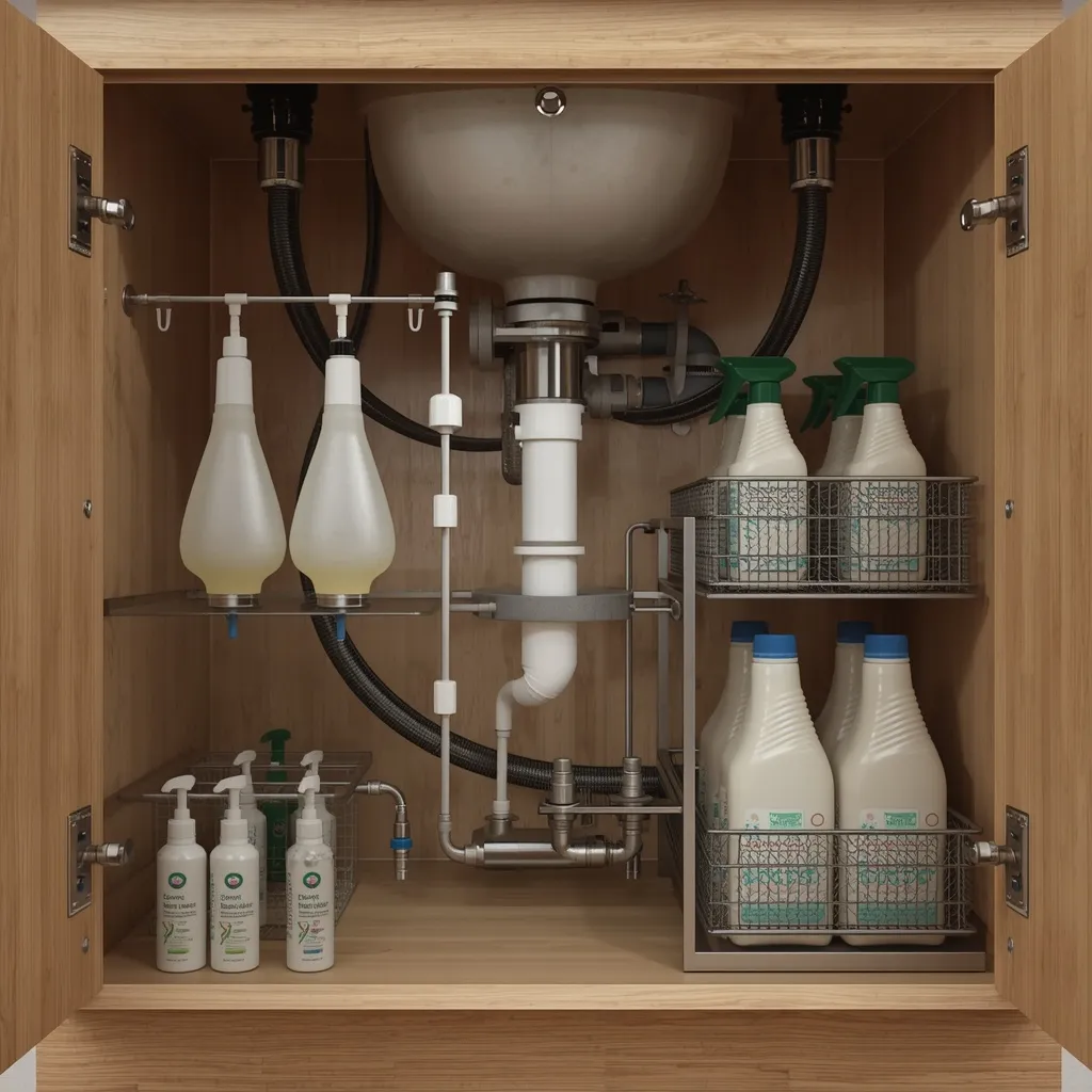 An under-sink cabinet with a tension rod holding spray bottles and stacking shelves