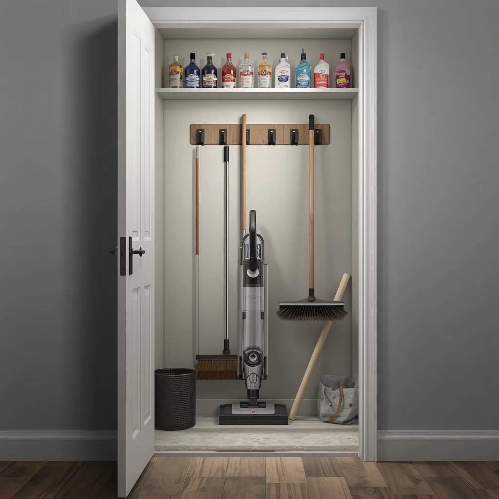An under-stair cleaning cupboard with upright mops, a vacuum and shelved supplies