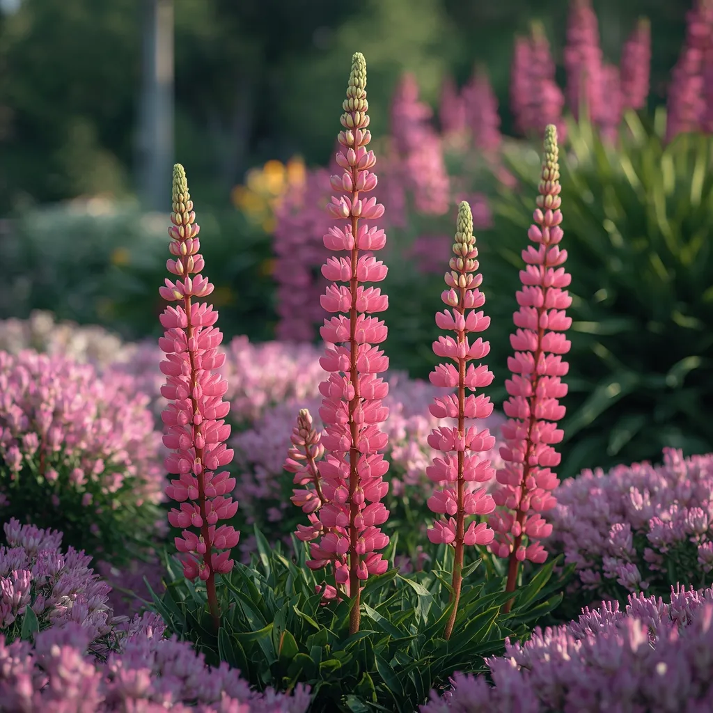 Bold pink lupine spires standing tall in a late-spring cottage garden border