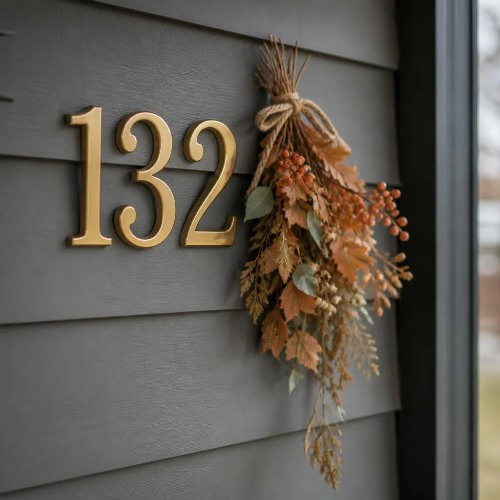 Fall foliage beside house numbers