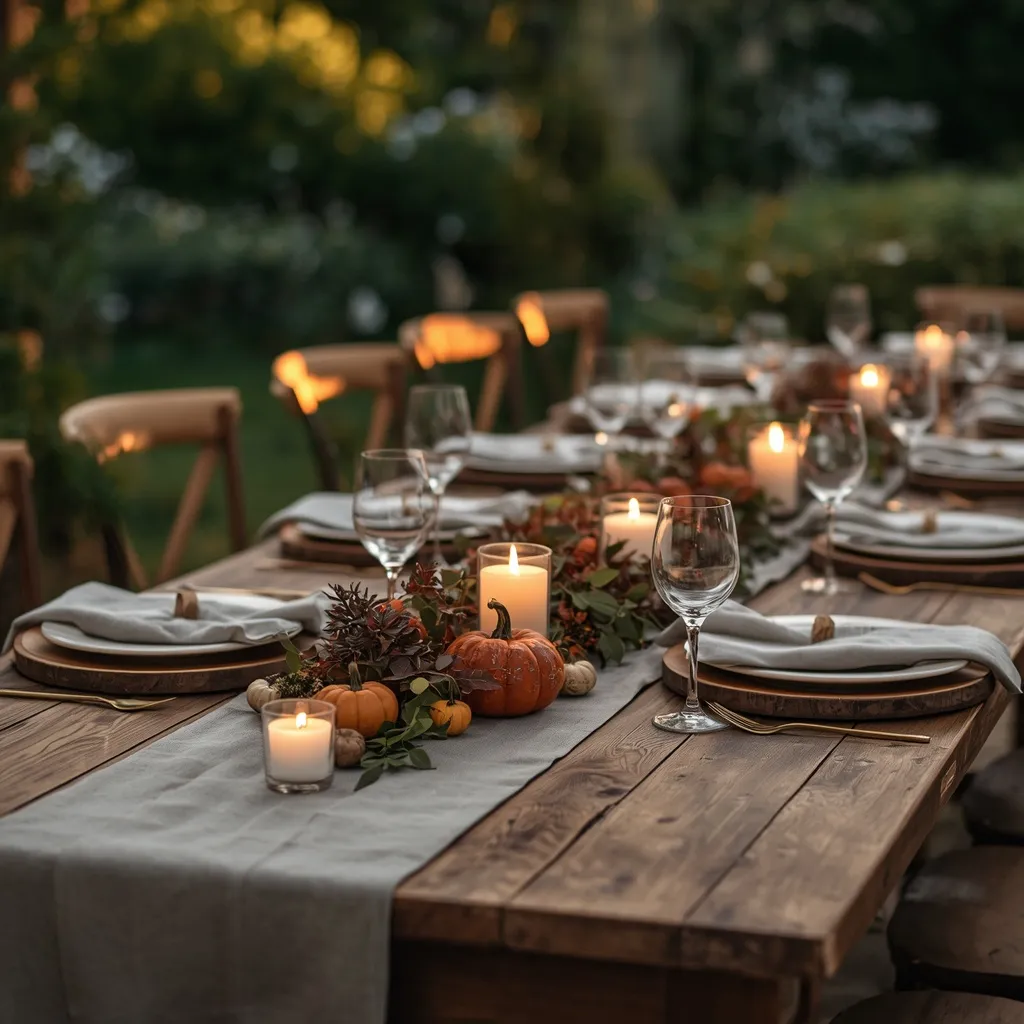 Fall garden party table with pumpkins