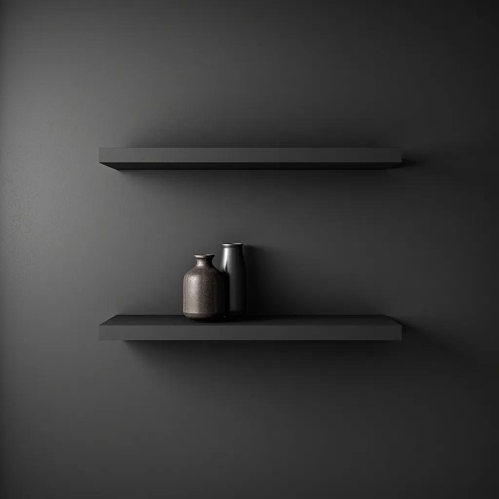 Floating shelves painted the same charcoal as the wall for a built-in look