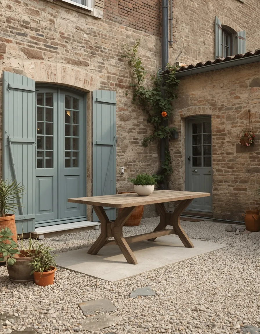 Gravel courtyard backyard dining