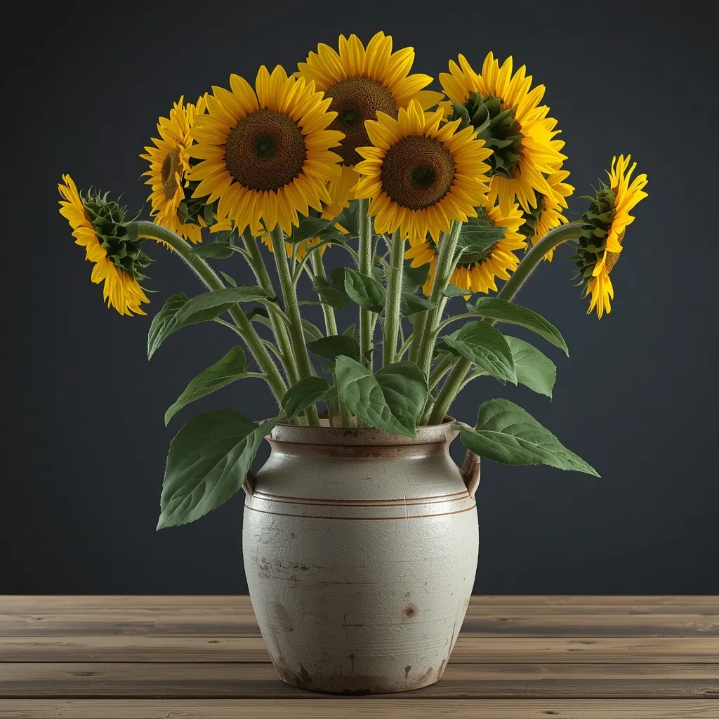 Sunflowers in a stoneware crock