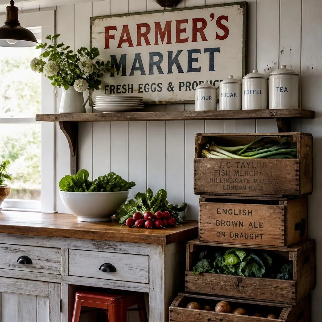 Vintage sign crate farmhouse kitchen