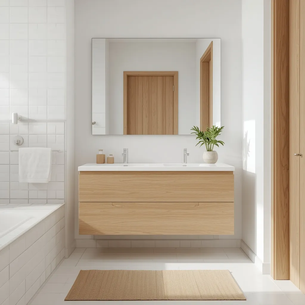 Wood vanity with white bathroom