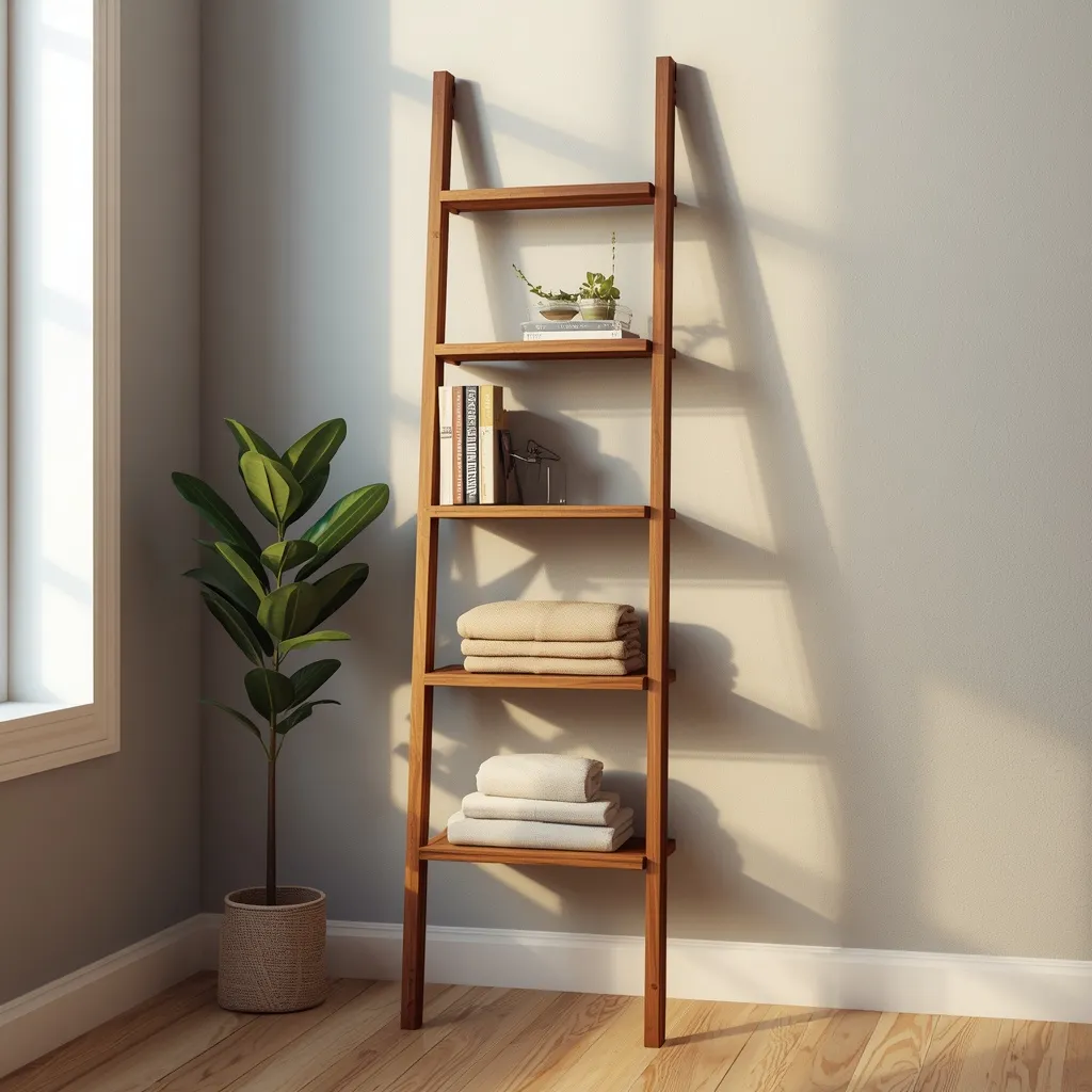 A leaning ladder shelf holding books, a plant and towels against a wall