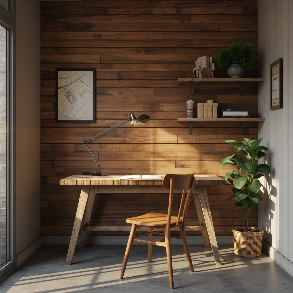 A rustic garage office nook with a reclaimed-wood desk and slat wall