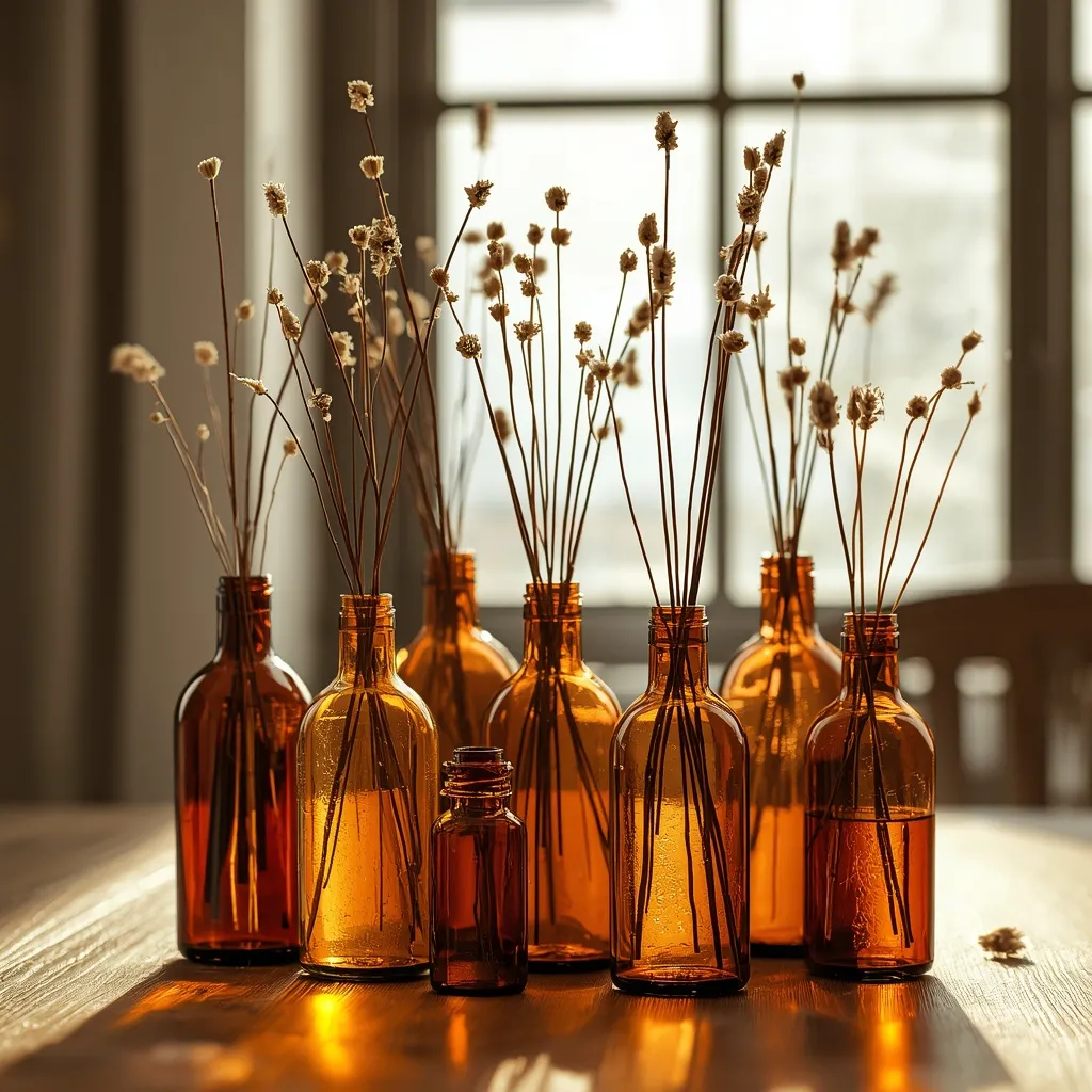 Amber glass bottle centerpiece for fall