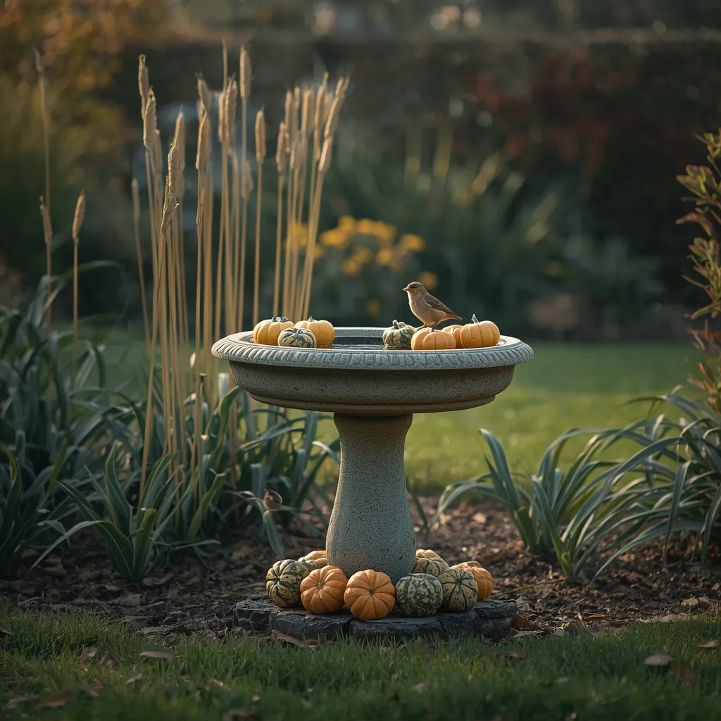 Birdbath styled with gourds in autumn