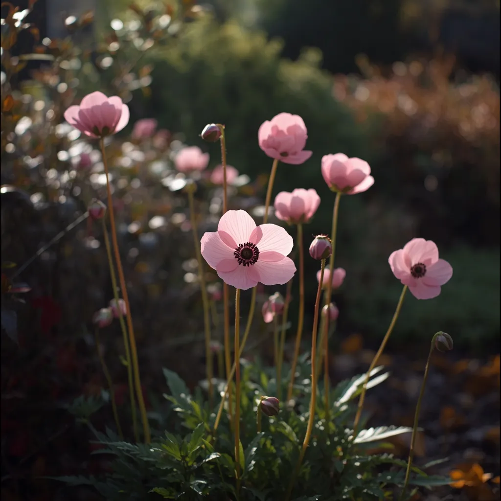 Cupped pink Japanese anemones on slender stems in an autumn garden