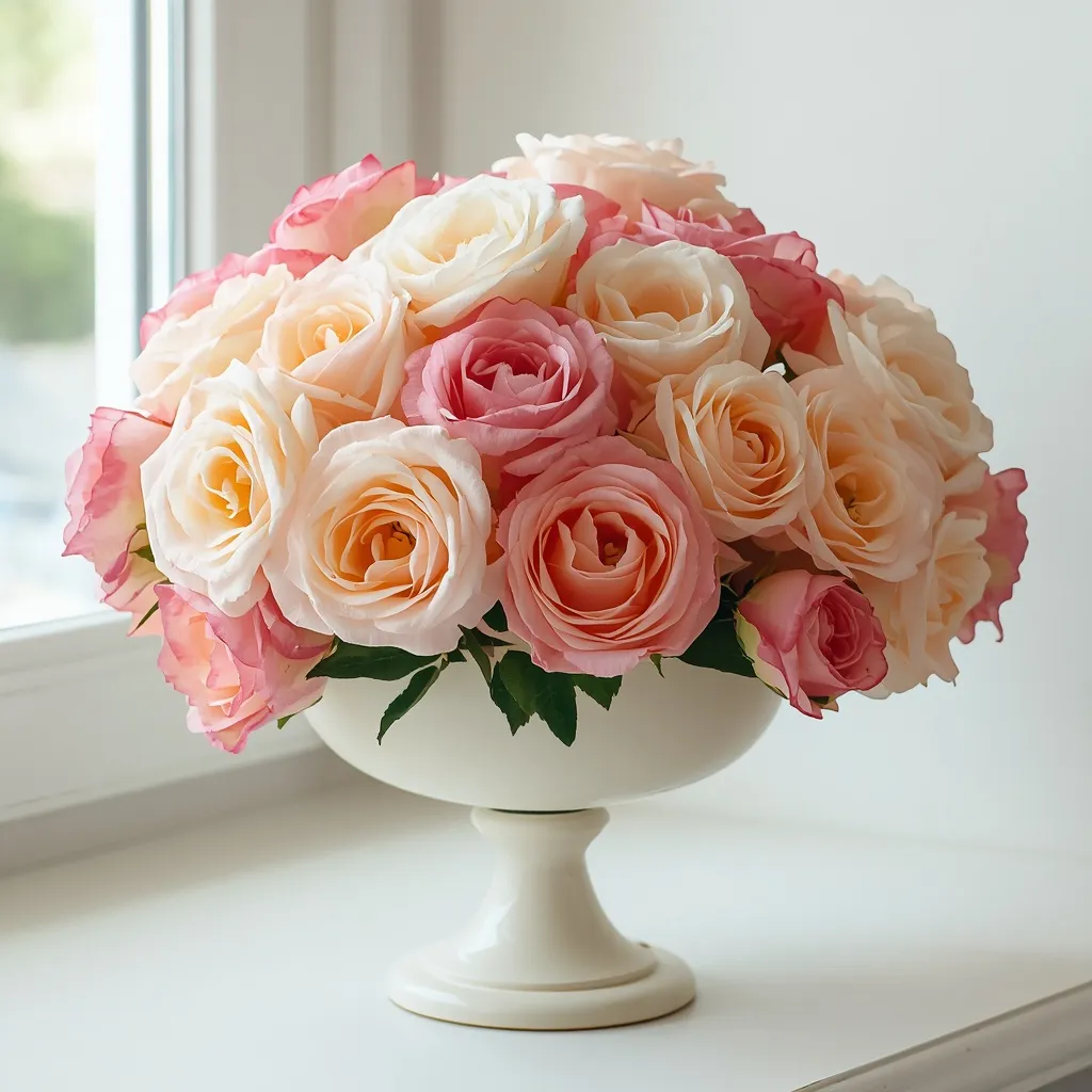 Garden roses in a footed compote