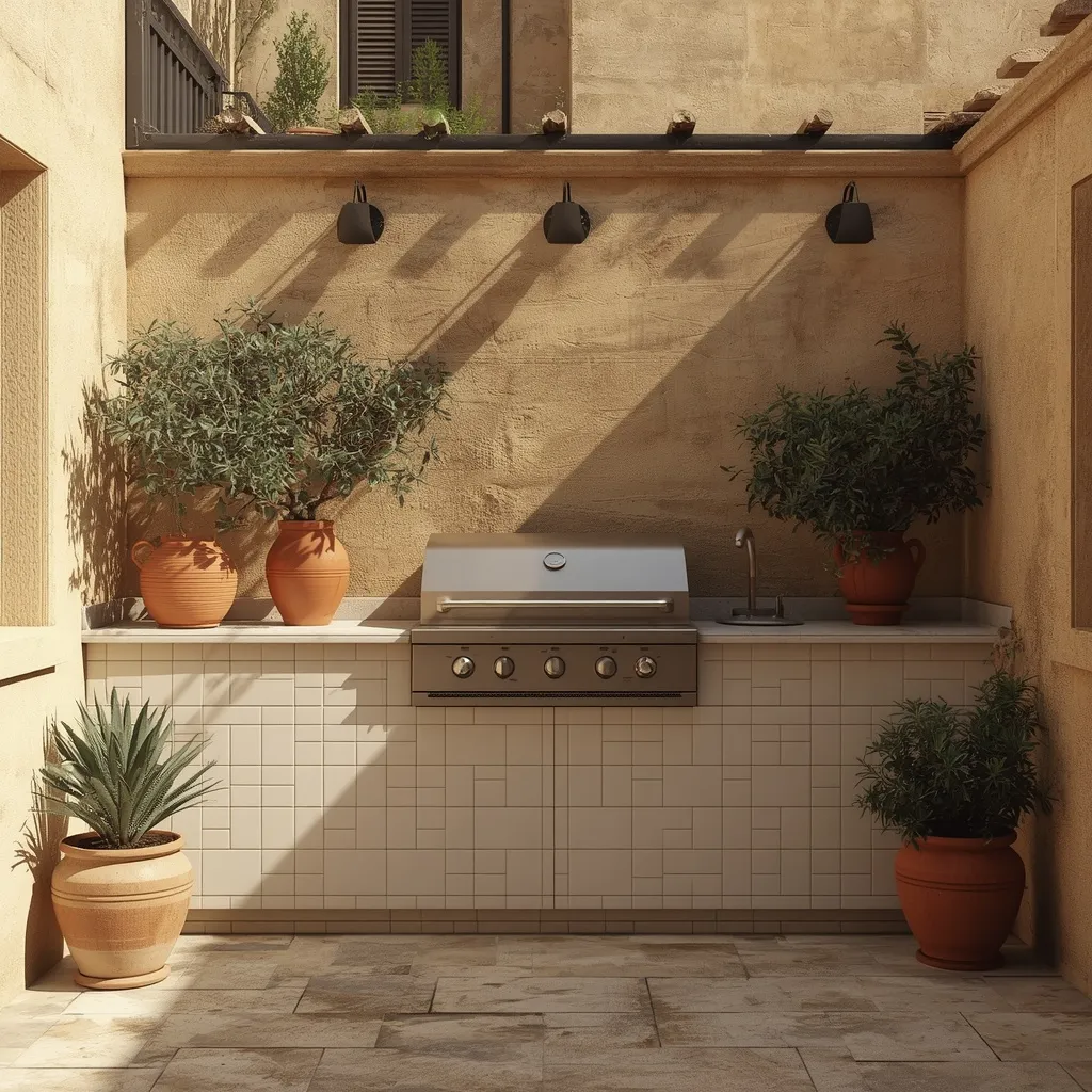 Mediterranean courtyard backyard kitchen
