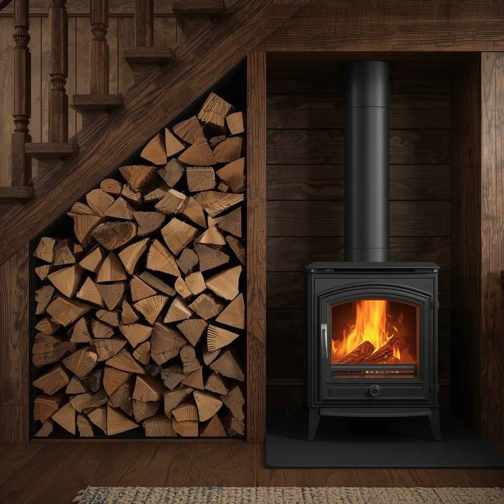 Neatly stacked firewood stored under the stairs beside a wood-burning stove